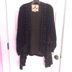Johnny Was-Open Front Velvet Embroidered Boho Cardigan w/ Waterfall Front- Sz. M